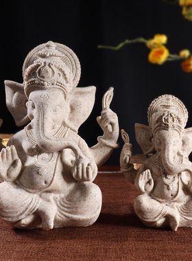 砂岩树脂印度象鼻财神摆件禅意佛像印度神象雕塑泰式玄关桌面装饰