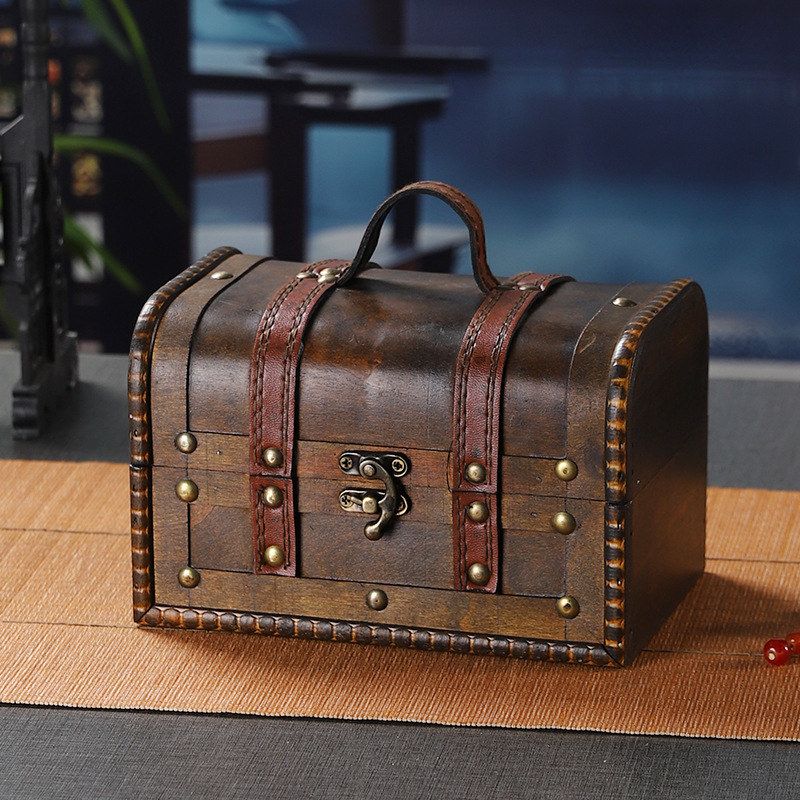 复古棕色木质带锁收纳盒多功能杂物收纳箱化妆品整理盒密码储物盒