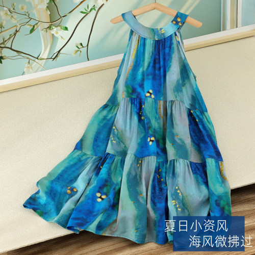 女童棉绸挂脖连衣裙拼接蛋糕裙薄