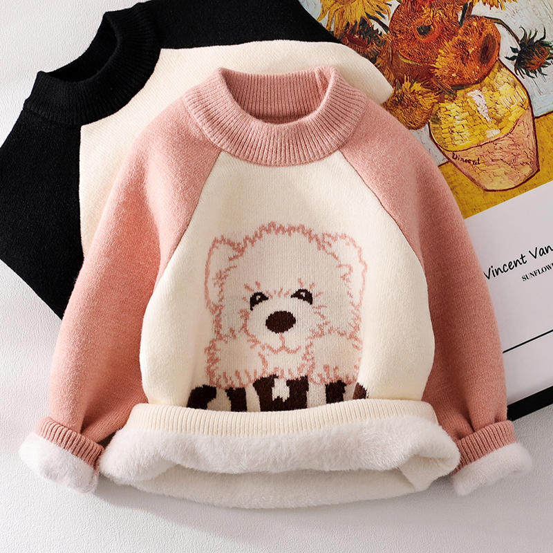 女童毛衣加绒加厚针织衫卡通上衣