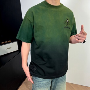 2026款圆领350克重贴补秀染色喷马刺绣港风潮男圆领短袖T恤宽松潮