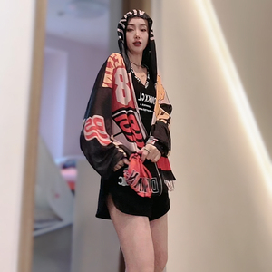 网纱连帽开衫女欧货时尚潮流双面设计师字母印花抽绳防晒外套上衣