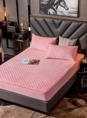 CC秋冬双重加厚保暖水晶珊瑚绒毛绒夹棉床笠 粉紫红黄色纯色 不冷