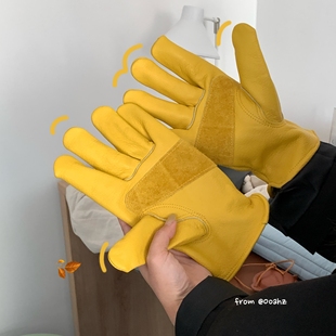 北平之秋~落叶黄牛皮防护骑车手套 秋冬耐磨户外露营保暖手套男女