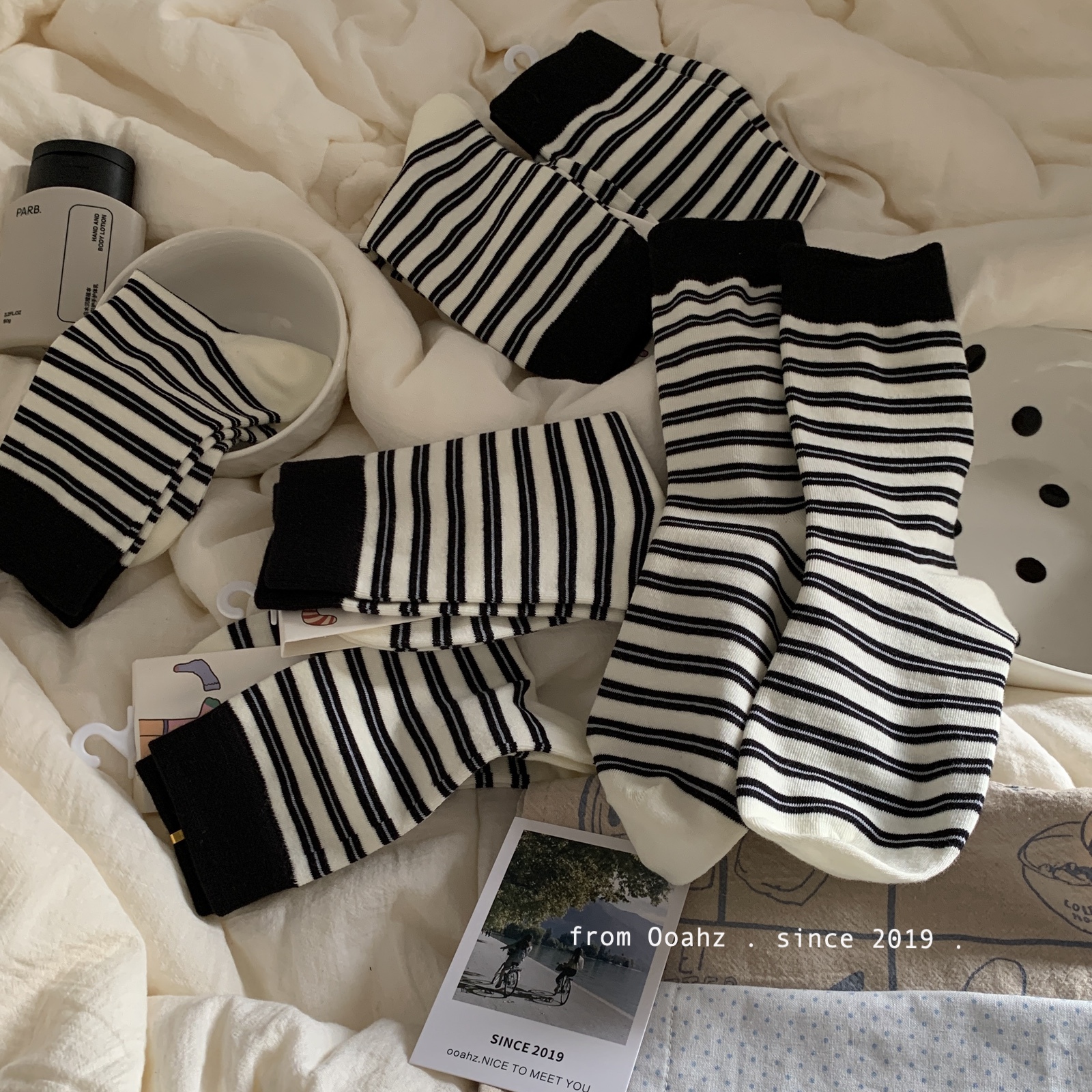 绿树橙花 春夏撞色条纹中筒袜 韩国透气休闲纯棉百搭少女ins袜子