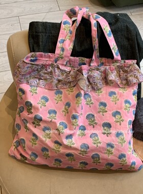 蓝菊粉底~夏日泰国度假风布袋 复古少女大容量托特百搭碎花单肩包