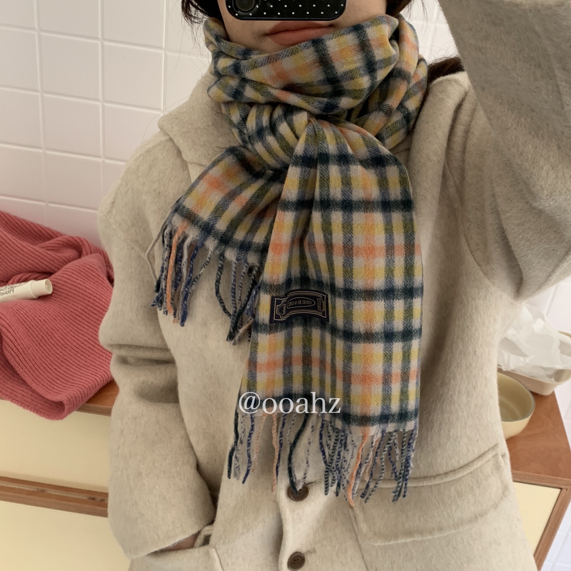 美娜同款~100纯羊毛橙黄格子围巾 秋冬保暖韩国ins博主流苏女围脖