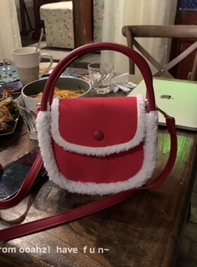 新年开运~买个红色包包 手提毛绒小方包百搭少女单肩毛毛斜挎包女