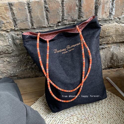 牛仔不少~复古牛仔布双面红格子单肩包 大容量串珠肩带百搭托特包