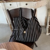 午夜黑条纹 初秋条纹休闲包包单肩帆布包 慵懒风大容量撞色托特包