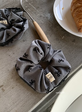 微甜灰色~韩国复古黑色蝴蝶结牛仔布艺大肠发圈气质低马尾ins发绳