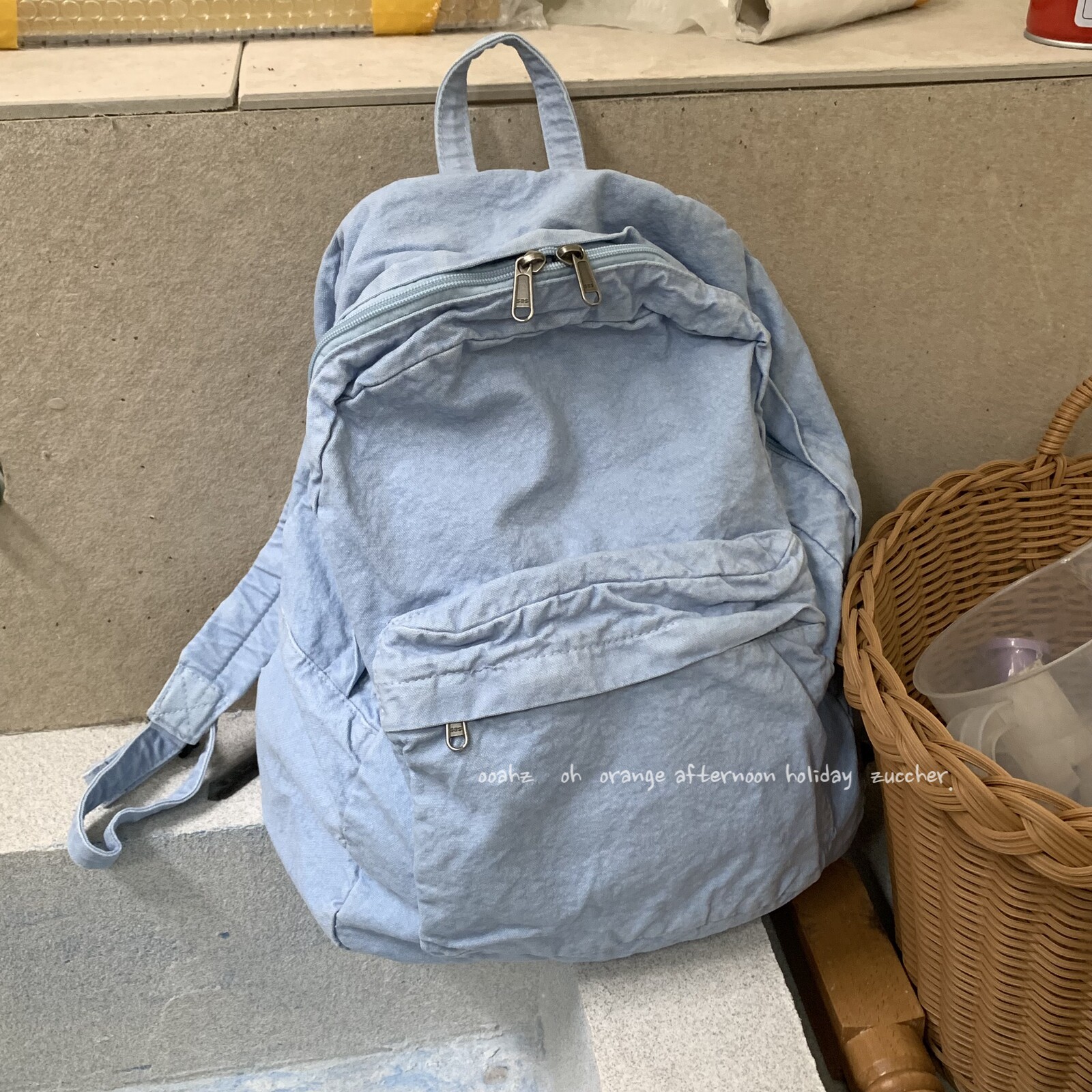 布莱顿湾 韩国水洗扎染牛仔双肩包 复古浅蓝学生背包通勤上课书包