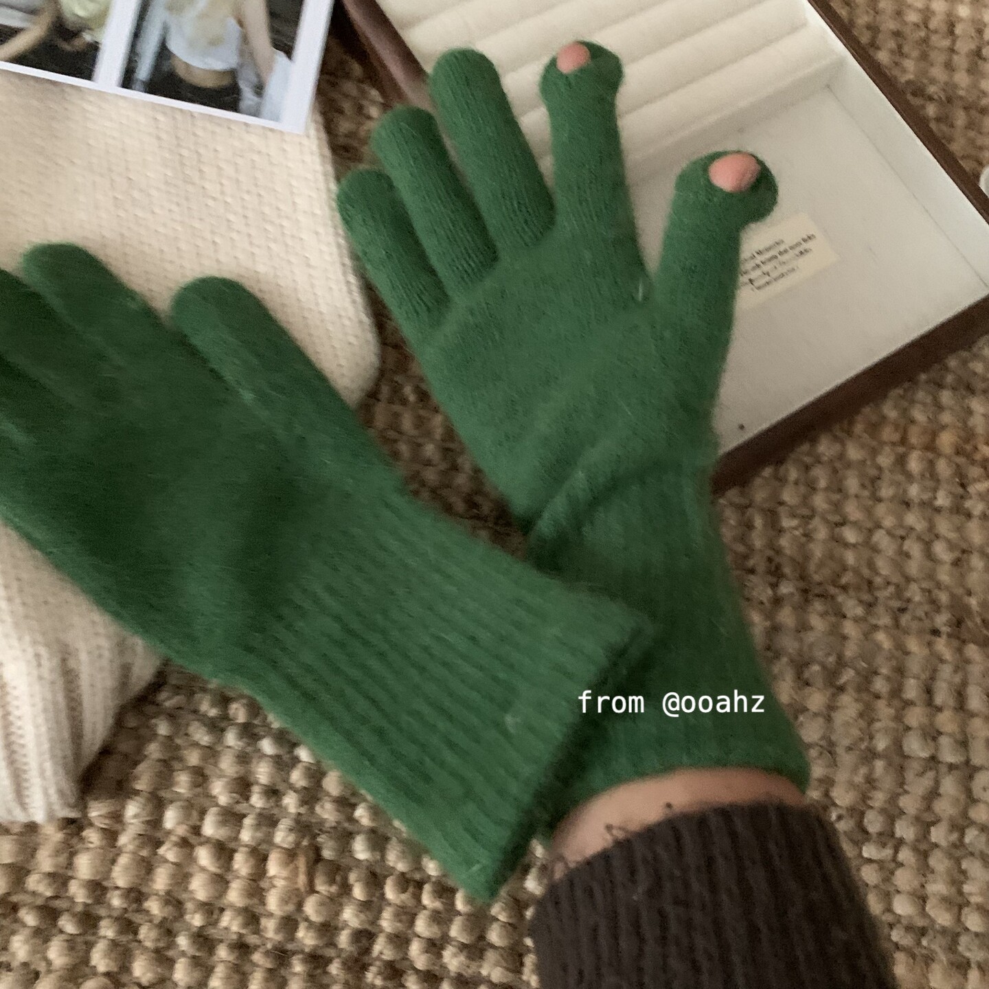 加长护腕绿~仿兔毛长款纯色保暖手套 冬季骑车防寒针织可触屏手套