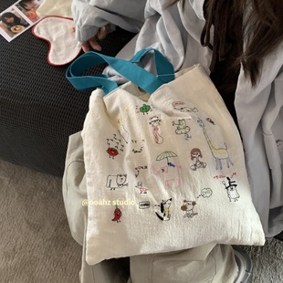 跳蚤市集~韩国慵懒风创意趣味刺绣帆布包 撞色休闲百搭单肩手提包