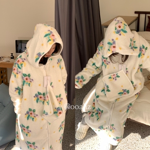 行走的被窝~秋冬珊瑚绒家居服连帽睡袍 南北方保暖加厚睡衣外套女