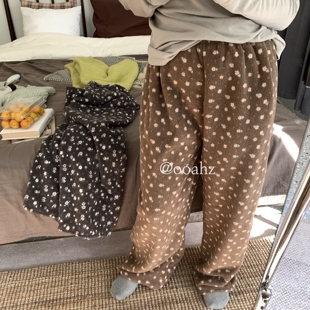 居家主人翁~冬季雪粒绒加厚保暖睡裤松紧腰碎花宽松Ins可外穿裤子