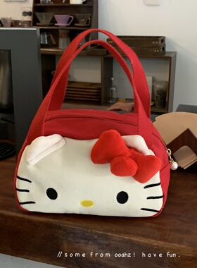 kitty上瘾症~红色手提包化妆品收纳包 旅行便携大容量可爱饭盒包