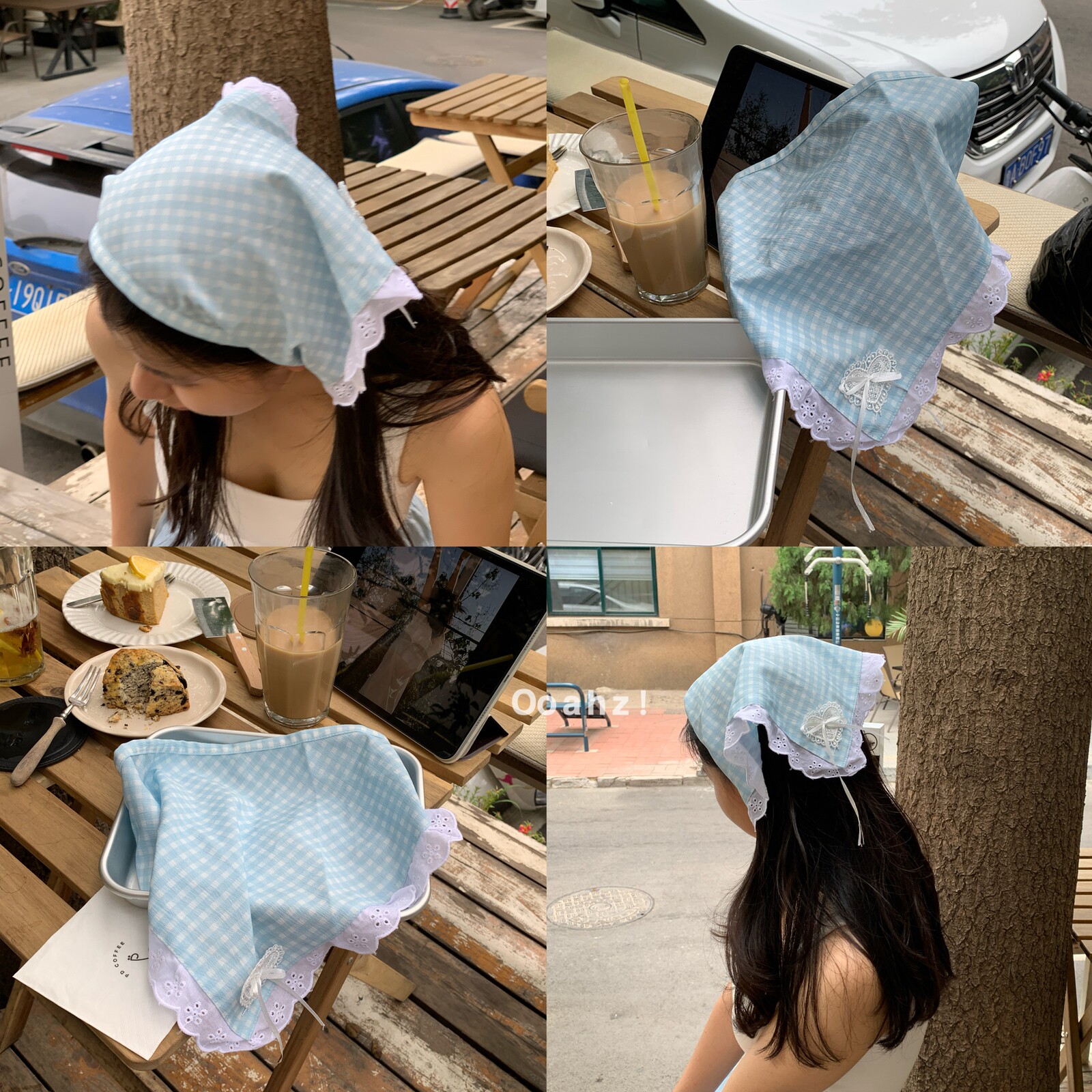 海盐味甜妹~奶蓝色格子爱心丝带头巾可爱发圈超仙小清新ins发箍带