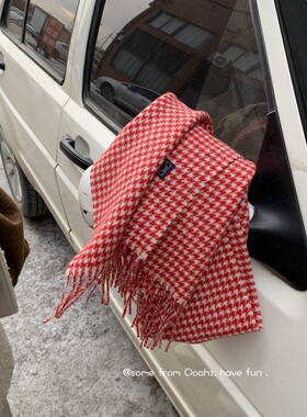 美娜同款~100纯羊毛红色格子围巾 秋冬保暖韩国ins博主流苏女围脖