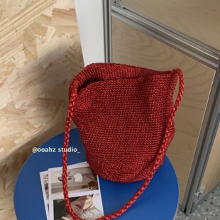 暮红秘语~金属线！小众手工编织银色手提包 韩国单肩包百搭水桶包