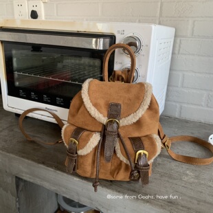 有无贵替 小众麂皮双肩包秋冬百搭拼接书包 复古绒韩国口袋小背包