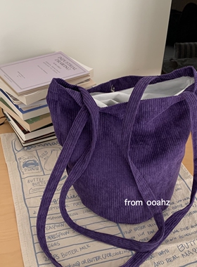 金桔紫薯~秋冬亮黄色灯芯绒单肩圆筒包 小众设计水桶包百搭斜跨包