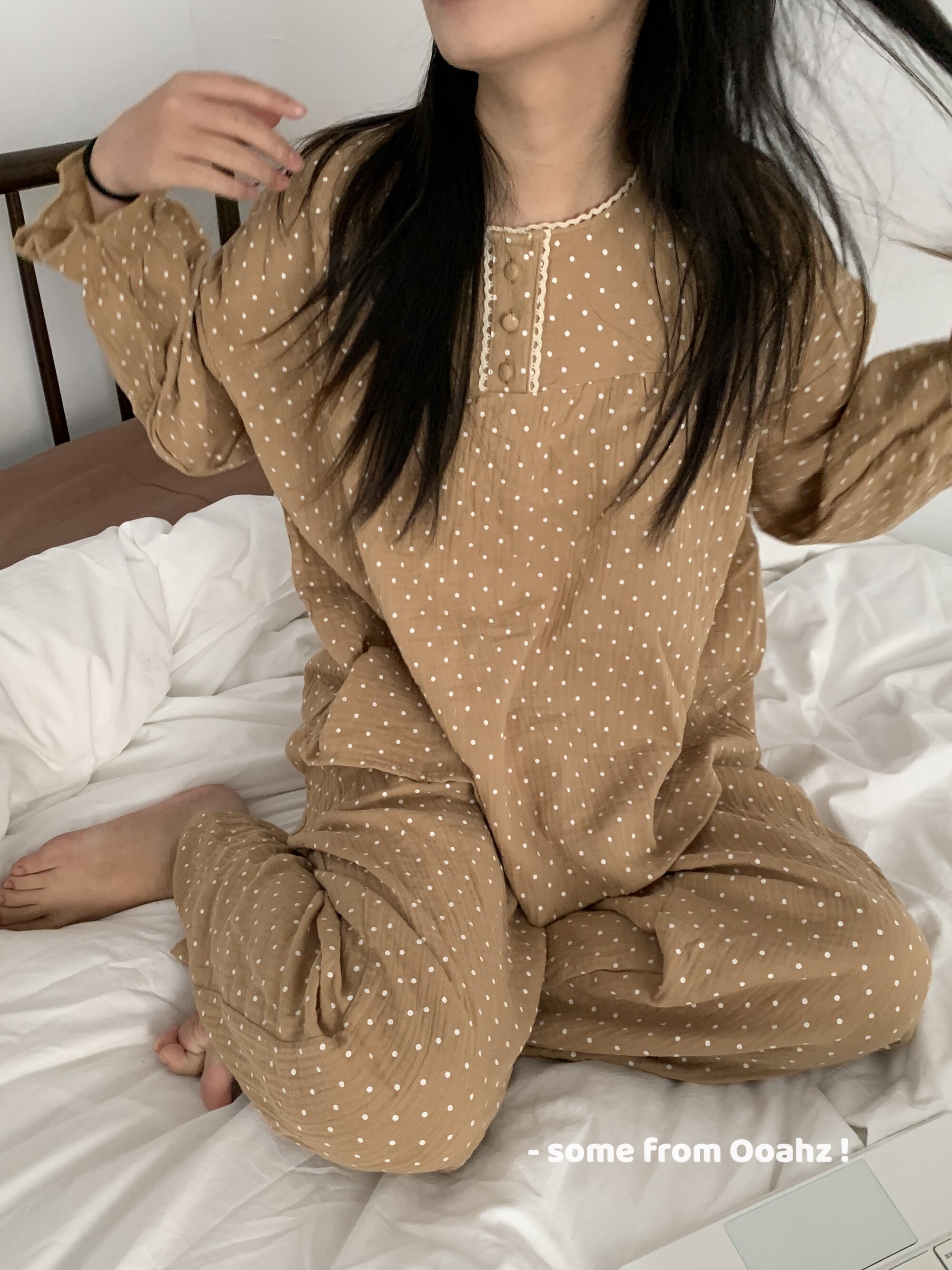 奶栗泡泡棉~咖色家居服春夏韩国
