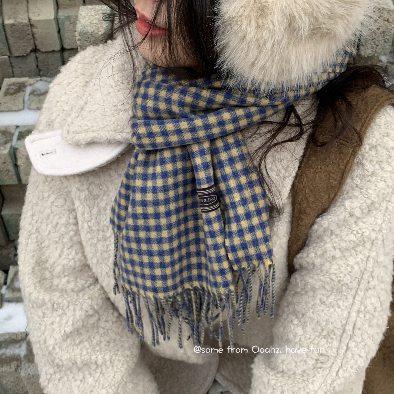 100纯羊毛红色蓝色格子围巾