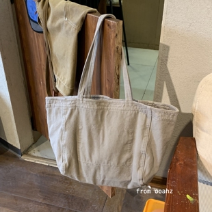 泥匠灰~慵懒风大容量复古帆布包 日系男简约托特包休闲单肩包女生