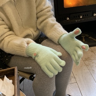 发点甜图~纯色针织手套女冬季骑行防寒ins可爱简约漏指可触屏手套