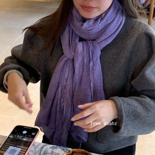 森系亚麻 复古纯色女春秋文艺范百搭长条围脖 肌理纹柔软棉麻围巾