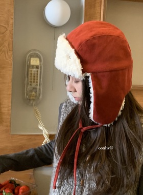 童话故事~冬天红色加厚甜酷飞行帽 羊羔绒保暖加绒防寒雷锋帽子