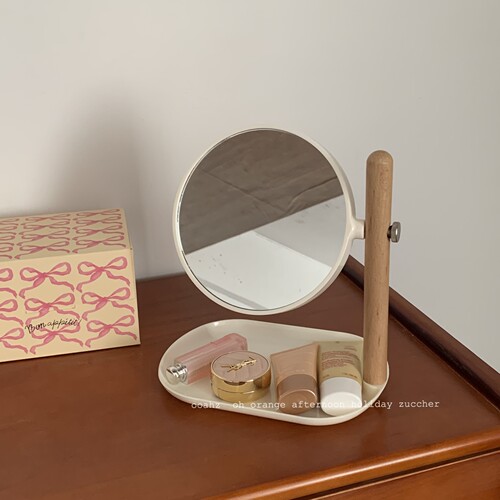 简单组装下~奶油风带托盘桌面台式化妆镜 木质双面放大宿舍梳妆镜