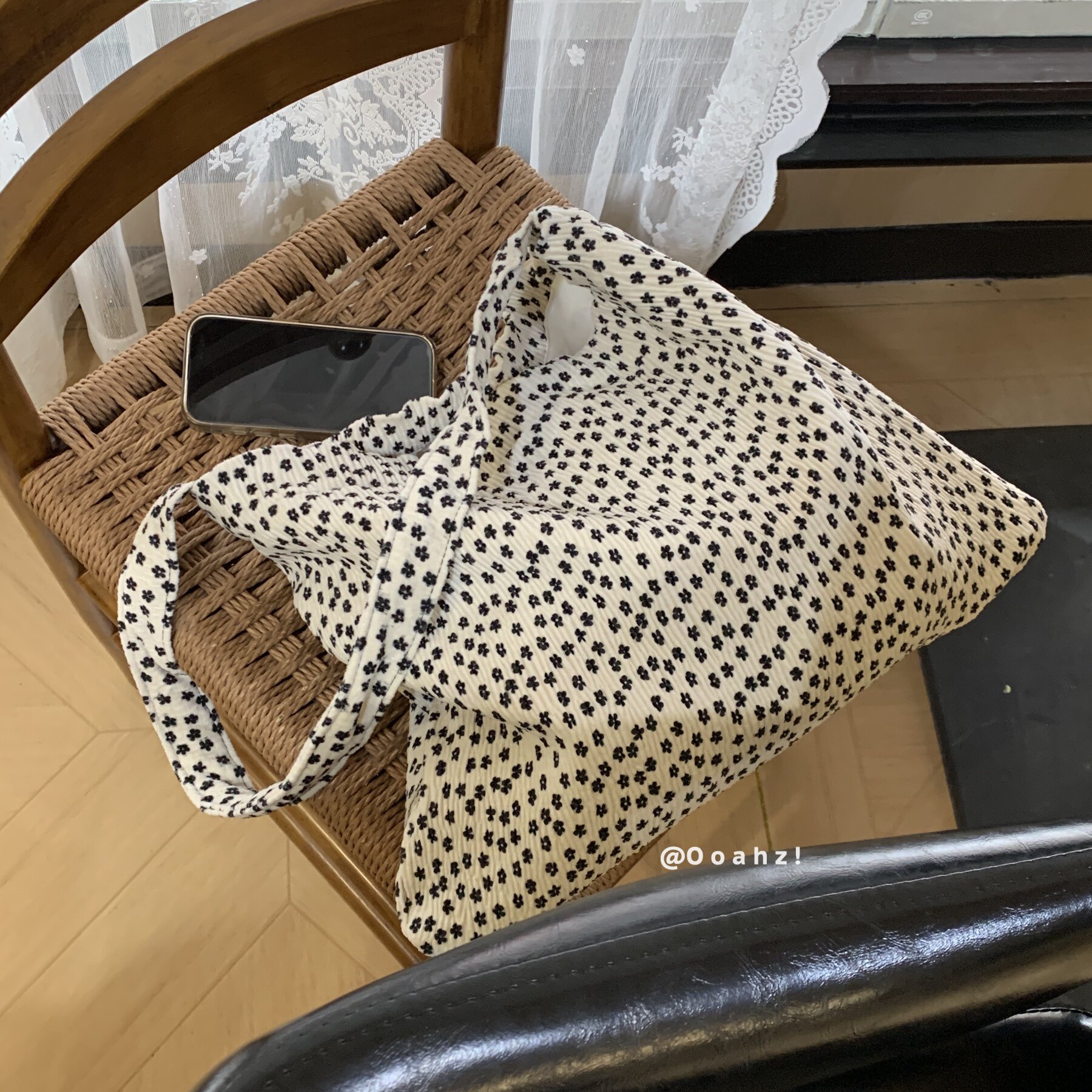 "春和景明"丝绒面料~韩国小碎花ins褶皱布袋大容量单肩包女帆布包