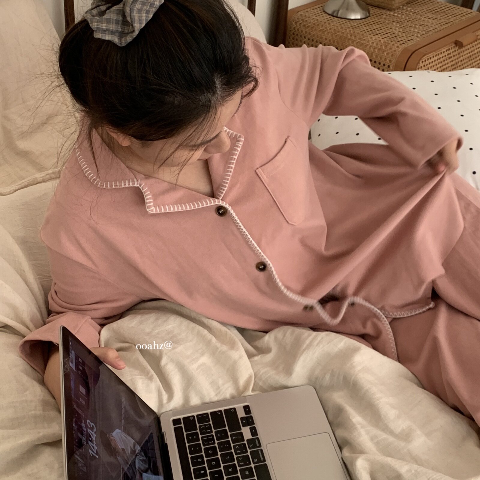 德绒橡皮粉~秋冬简约长袖睡衣女款甜美慵懒日系ins翻领家居服套装