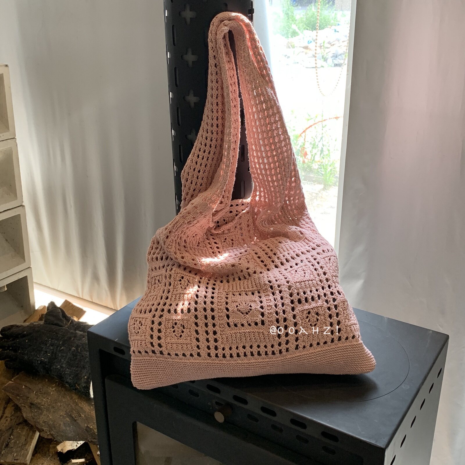 宁静的夏天 假日出游针织单肩包包 复古网眼镂空手拎包简约编织包