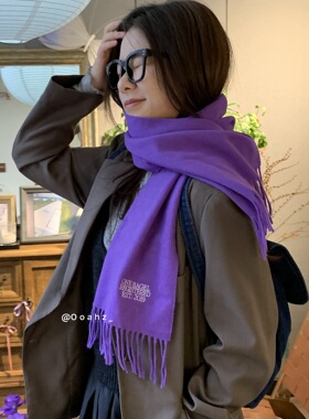 初恋罗曼史~紫色~纯羊毛韩代围巾女冬季纯色流苏男士情侣围脖礼物