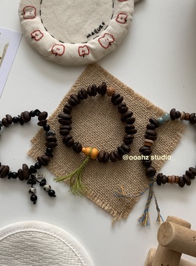 小福豆子~咖啡豆手串中国风原创简约百搭天然石小福牌吊坠ins配饰