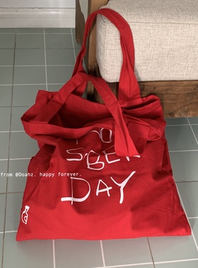 没有清醒的一天 红色帆布包包~双层大容量休闲百搭ins单肩托特包