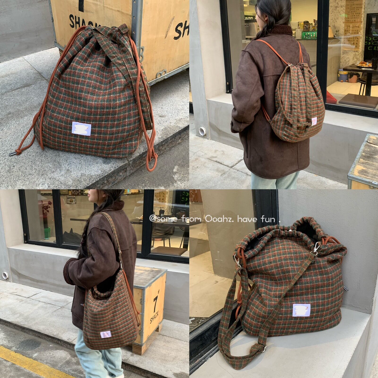 复古格纹毛呢包包抽绳双肩包