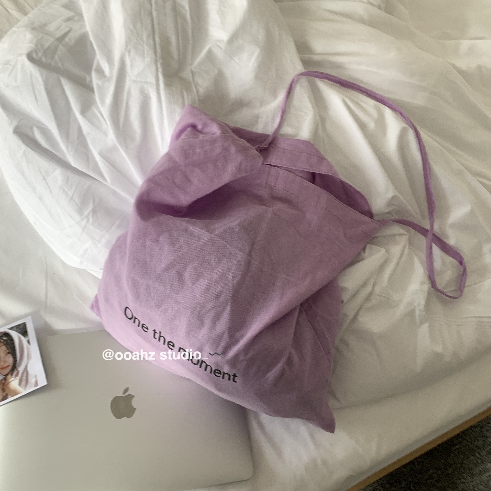 "片刻 停留"韩系紫粉色字母帆布包 大容量单肩包上课通勤托特布袋