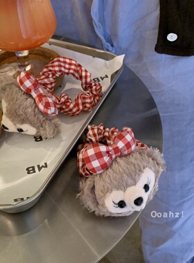 达菲与凯蒂 毛绒红色格子发圈 可爱蝴蝶结小肠发绳丸子头皮筋手绳