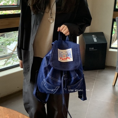 抱歉不多了！单宁牛仔补丁双肩包~自留百搭休闲背包复古上课书包