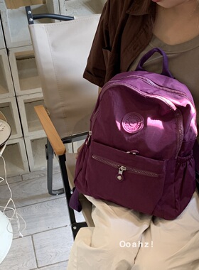 自重很轻~ooahz自制茄紫色尼龙双肩包 大容量百搭上课书包ins背包