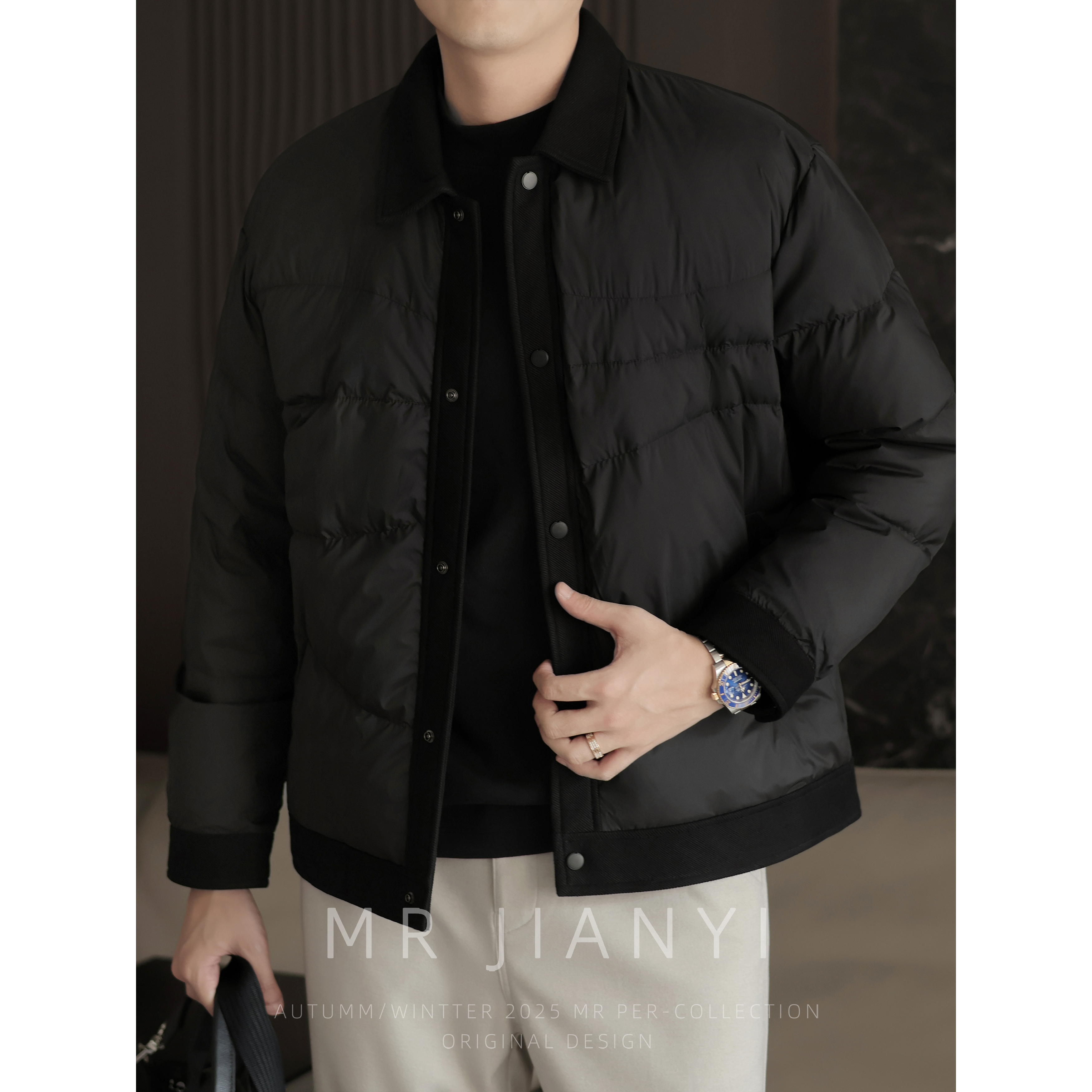 MR JIANYI 冬季拼接设计轻薄白鸭绒翻领羽绒服商务休闲保暖外套男