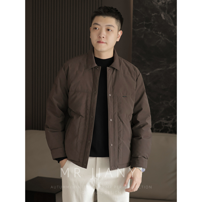MR JIANYI 冬季90白鸭绒PU皮翻领短廓羽绒服商务休闲夹克外套男士