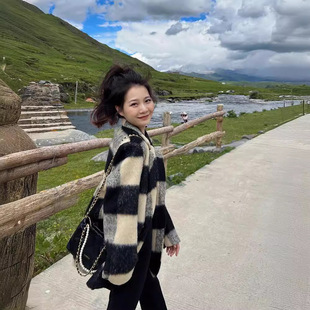 新款短款格子2026毛呢西装外套秋冬季加厚小个子复古呢子大衣