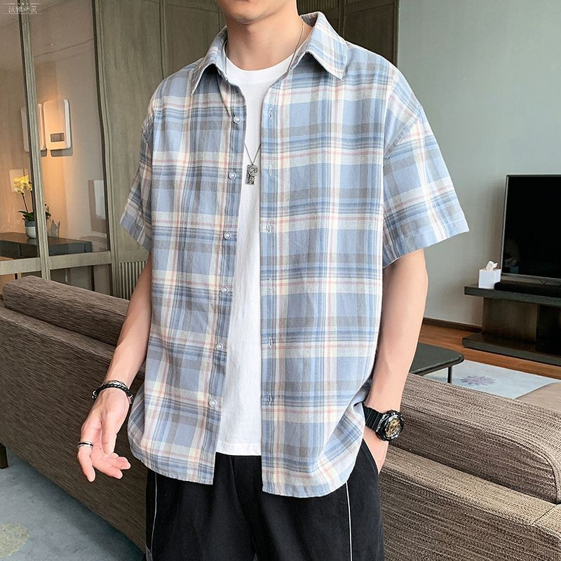 免烫通勤衬衣男士短袖格子衬衫宽松休闲半袖港风大码夏季薄款上衣