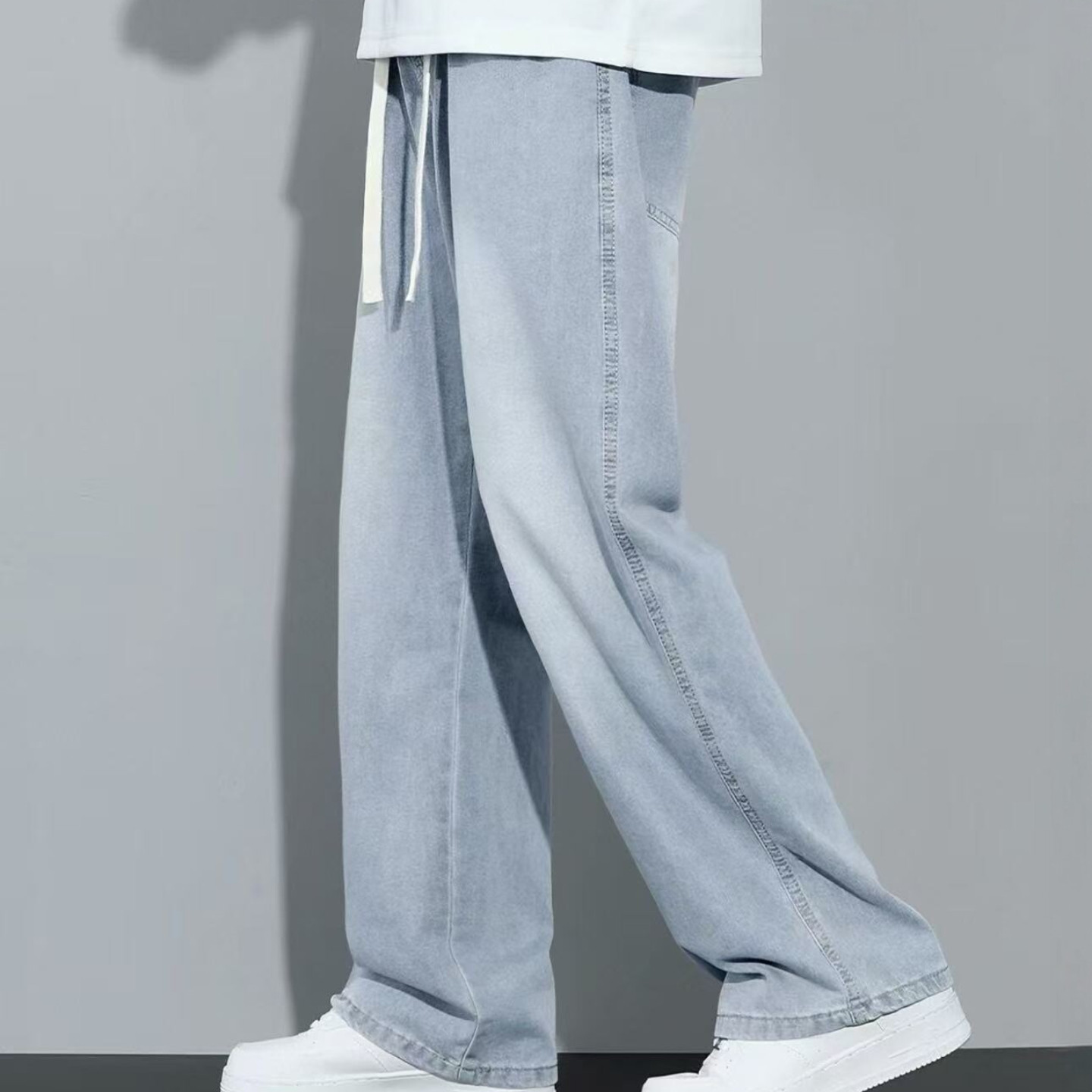 浅色牛仔裤男生夏季2026美式宽松直筒长裤抽绳美式休闲水洗阔腿裤