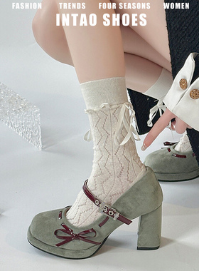 法式绿色小个子高跟鞋女粗跟2026年春季新款蝴蝶结绒面玛丽珍单鞋